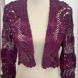 🆕 Hand-Crocheted Berry Cotton Shrug (Short Jacket) | Ruffle Lapel | USA Made